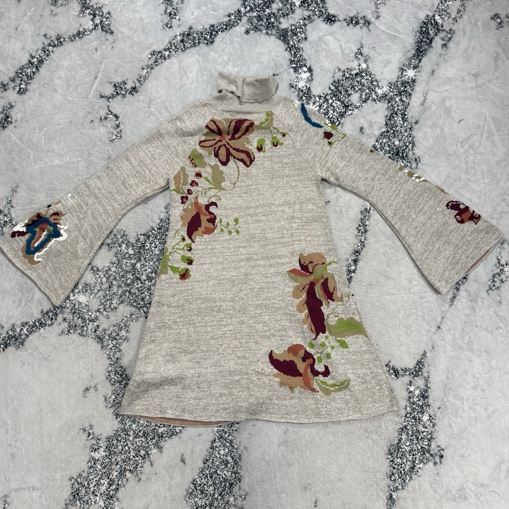 Anthropologie Sweater Dress Womens Sz L NWT Embroidered Floral Bell Sleeve Boho - Picture 2 of 12